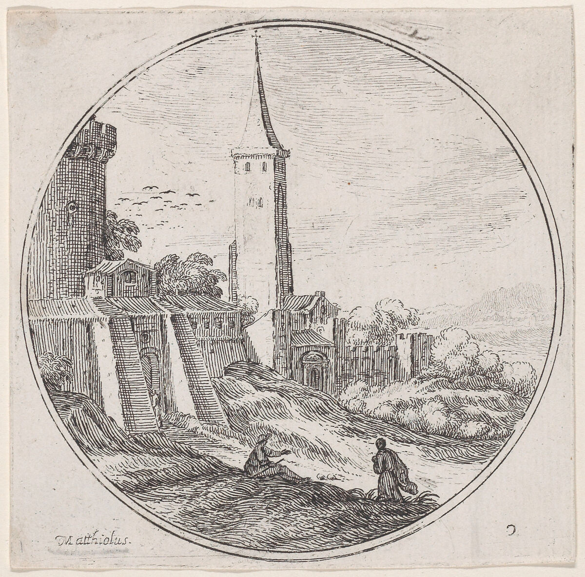 Plate 2: two figures outside of the walls of a town, a tower at center, Lodovico Mattioli (Italian, Crevalcore 1662–1747 Bologna), Etching 