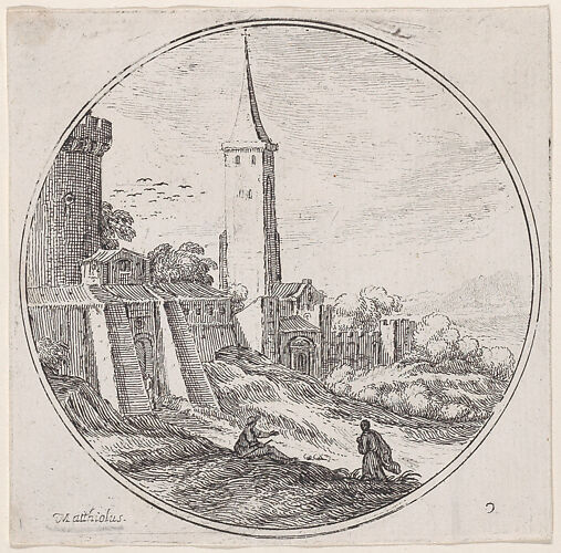 Plate 2: two figures outside of the walls of a town, a tower at center