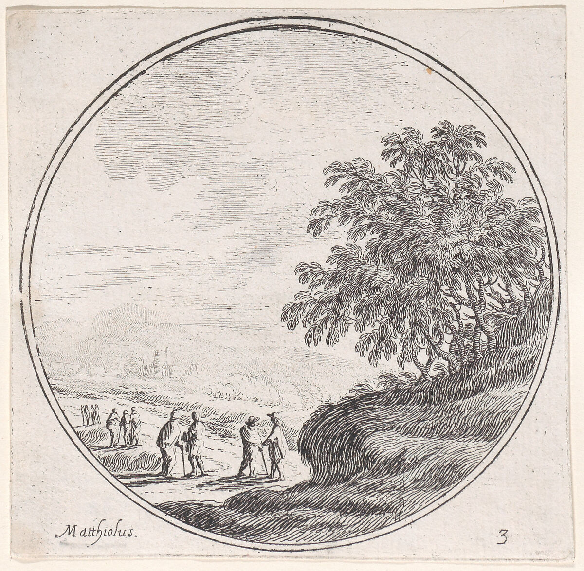 Plate 3: figures in a landscape at lower left, trees at right, Lodovico Mattioli (Italian, Crevalcore 1662–1747 Bologna), Etching 
