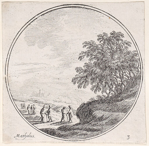 Plate 3: figures in a landscape at lower left, trees at right