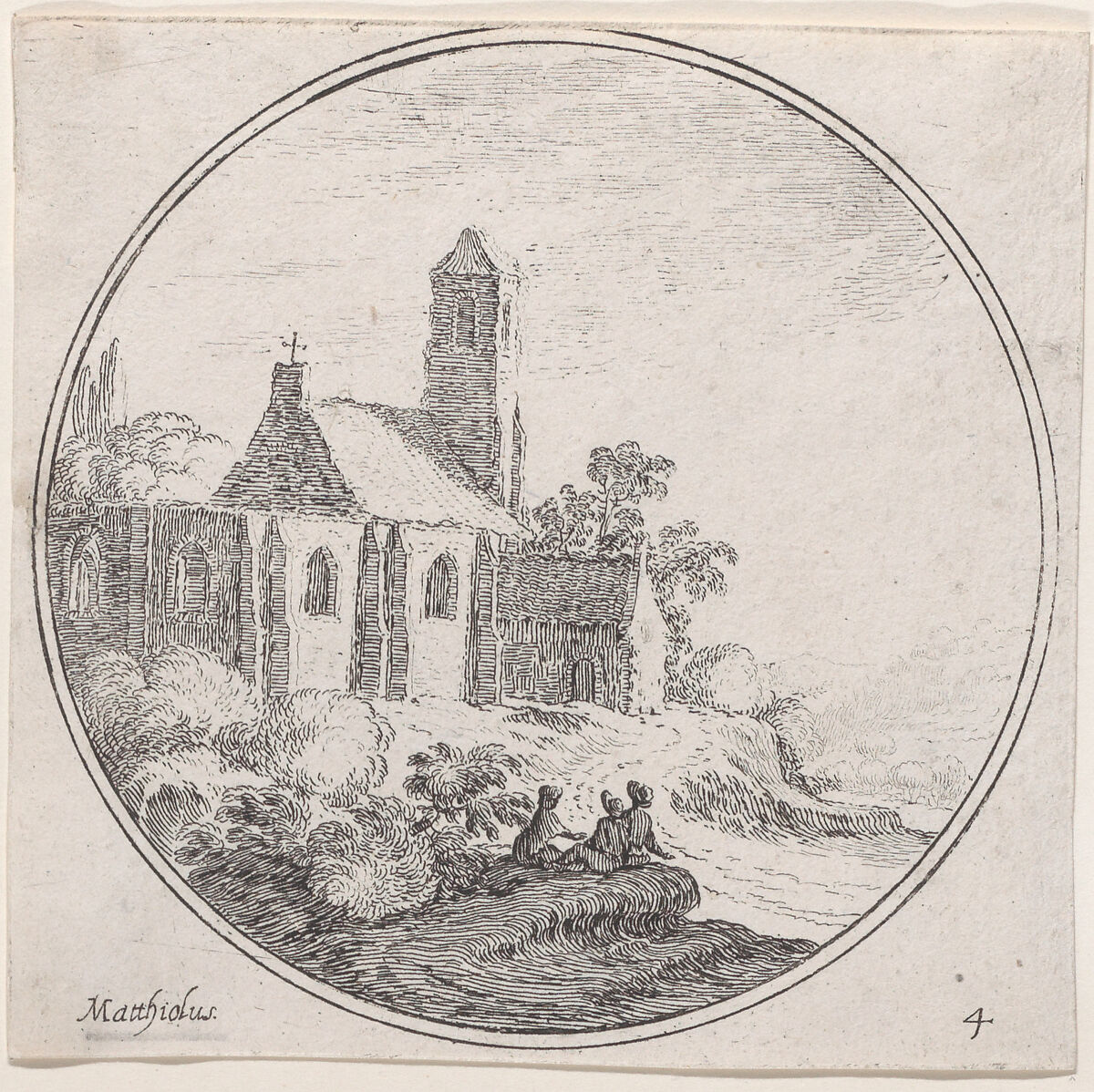 Plate 4: three figures seated outside of a church, Lodovico Mattioli (Italian, Crevalcore 1662–1747 Bologna), Etching 