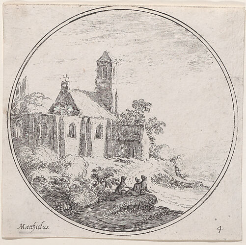 Plate 4: three figures seated outside of a church