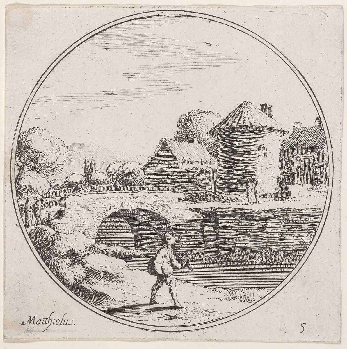 Plate 5: man walking with fishing pole at center, a bridge and village in the background, Lodovico Mattioli (Italian, Crevalcore 1662–1747 Bologna), Etching 