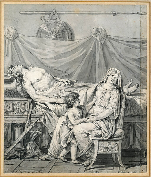 Andromache Mourning the Death of Hector, Jacques Louis David (French, Paris 1748–1825 Brussels), Pen and black ink, brush and gray wash, over black chalk, on two joined pieces of paper 