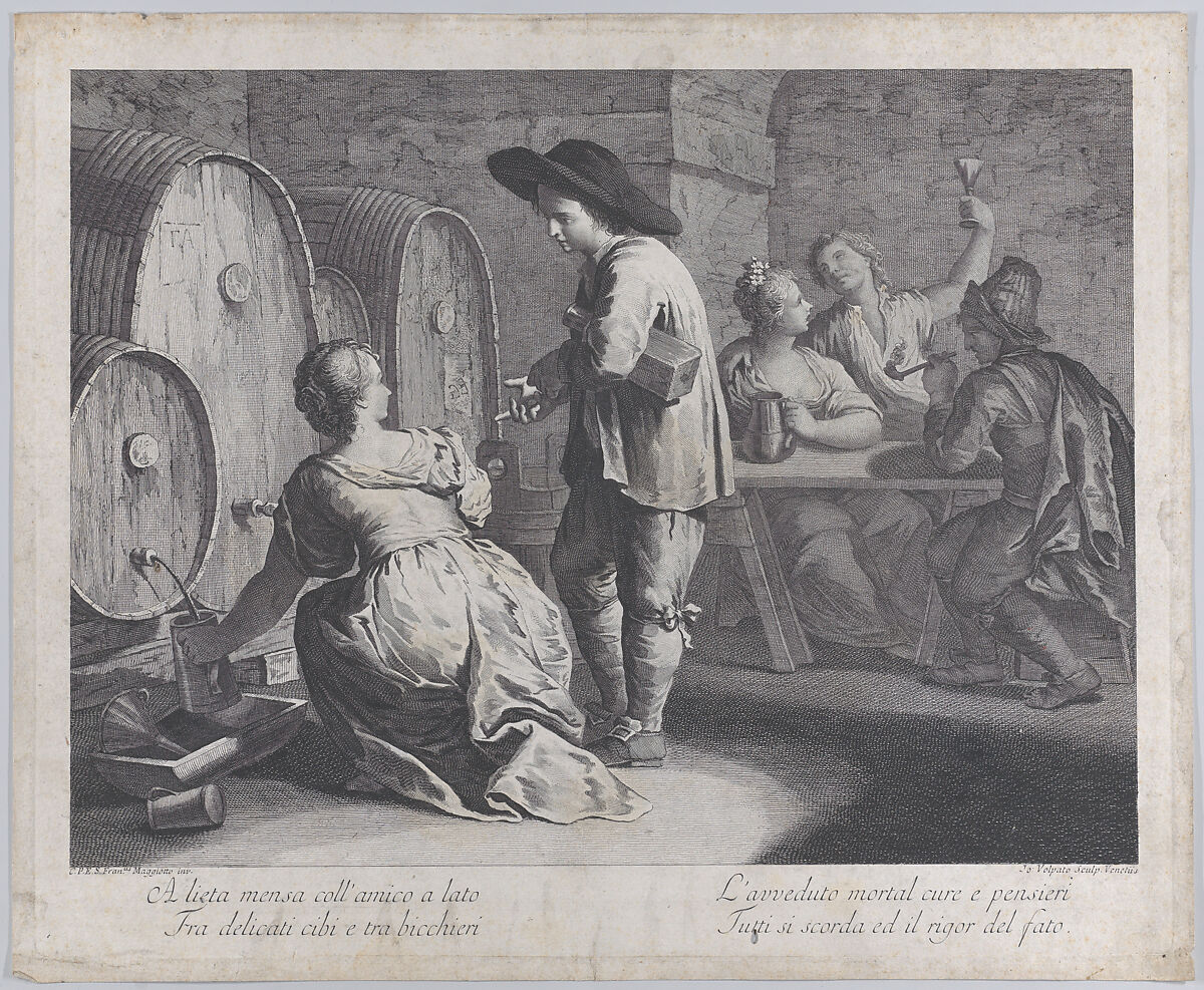 A barmaid filling mugs at left, a man holds a bottle at center, and three people sit at a table drinking at right, Giovanni Volpato (Italian, Bassano 1732–1803 Rome), Etching 