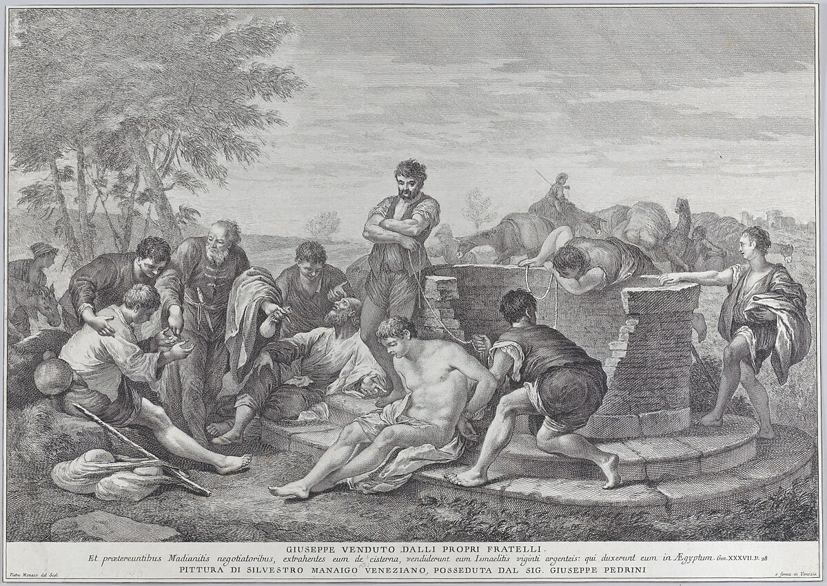 Joseph being sold into slavery by his brothers, who sit around a well dividing up the coins, Pietro Monaco (Italian, Belluno 1707–1772 Venice), Etching 