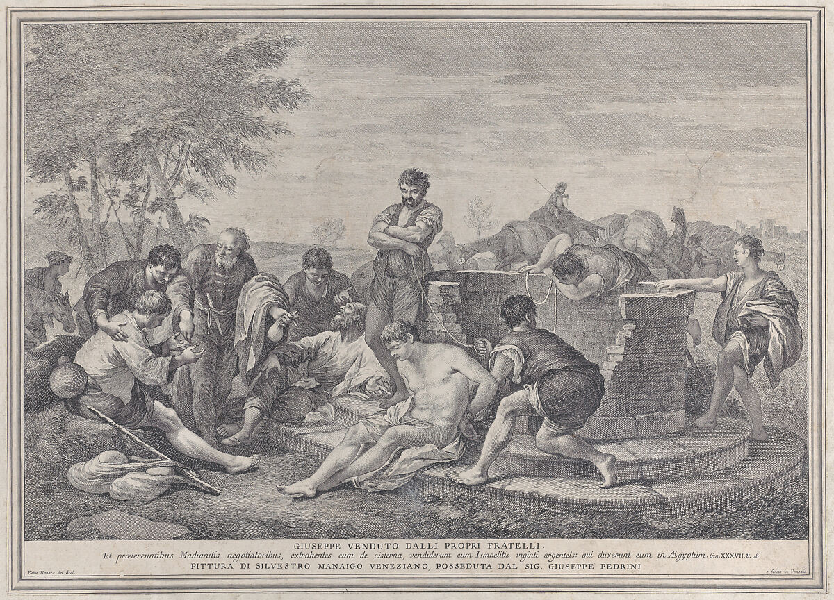 Joseph being sold into slavery by his brothers, who sit around a well dividing up the coins, Pietro Monaco (Italian, Belluno 1707–1772 Venice), Etching 