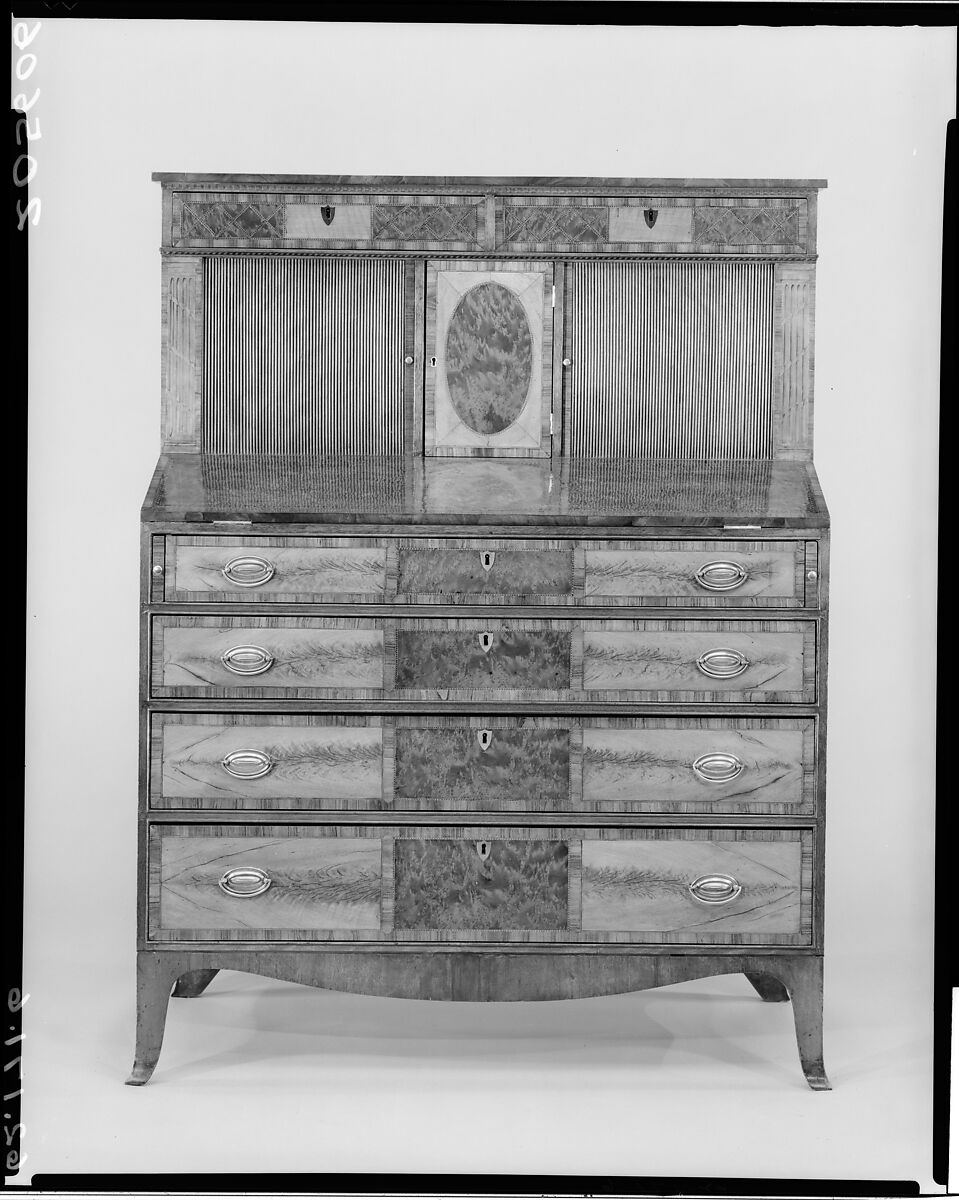 Tambour Desk, Reuben Swift (1780–1843), Burl walnut, flame-grain birch, tulip, maple, pine, American 