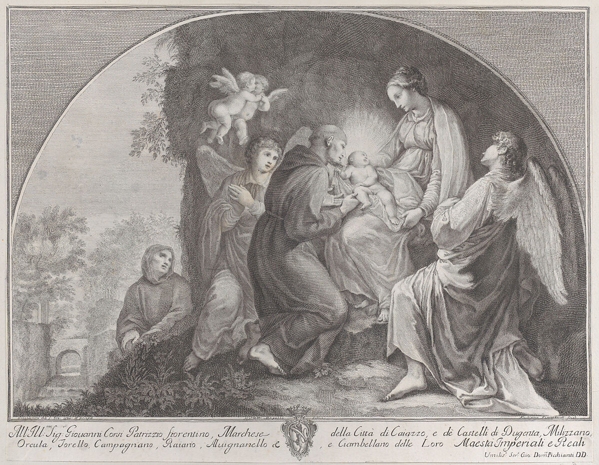 Adoration of Christ by Saint Francis, Giuliano Giampiccoli (Italian, 1703–1759), Etching 
