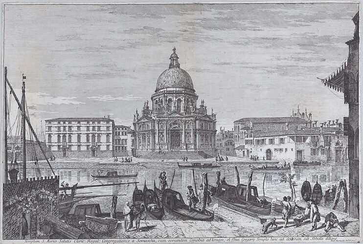 The church of Santa Maria della Salute seen across the water with gondolas in the foreground