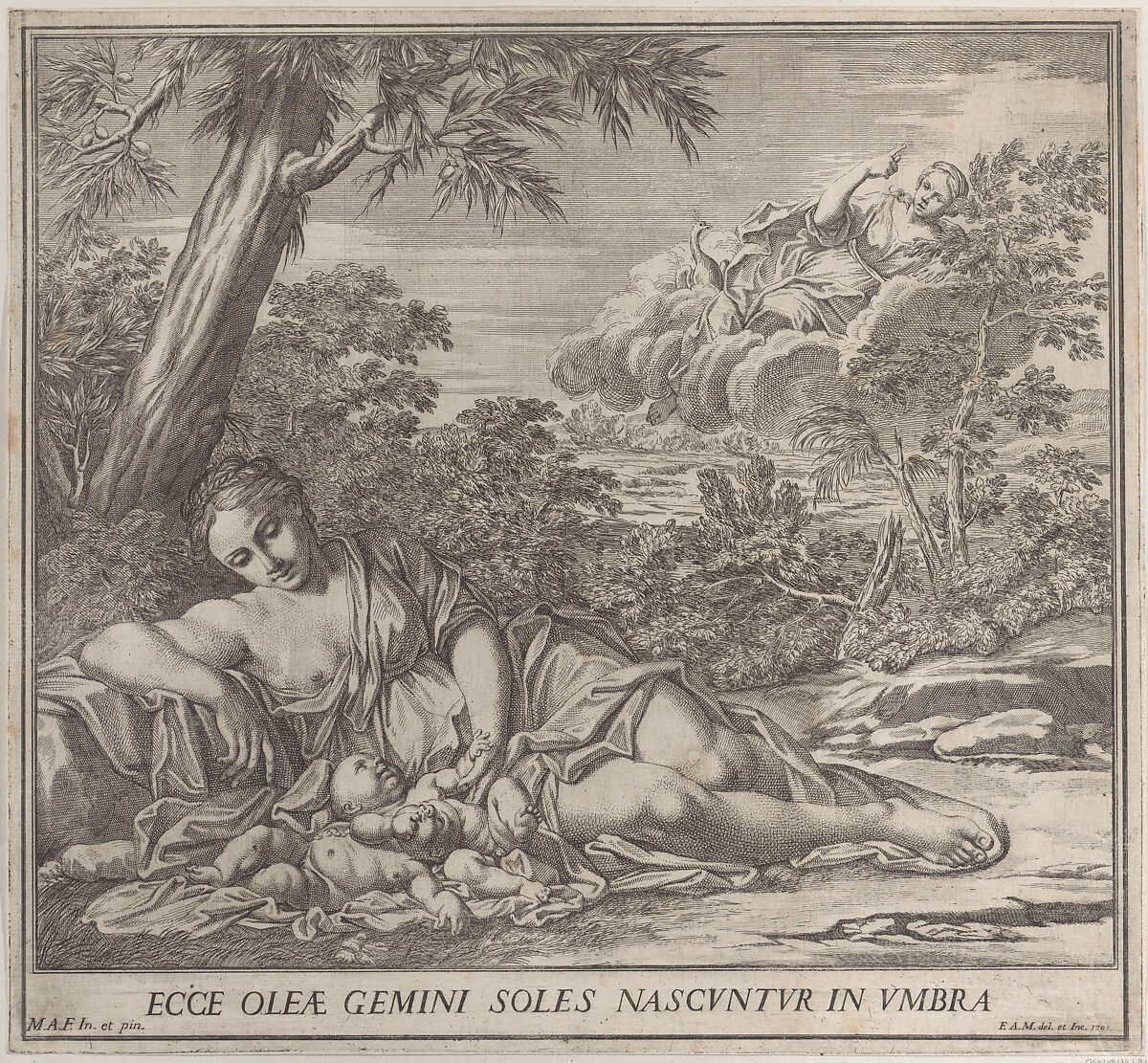 Latona and her sleeping twins, Apollo and Diana, within a landscape, Francesco Antonio Meloni (Italian, Bologna 1676–1713 Vienna), Etching 