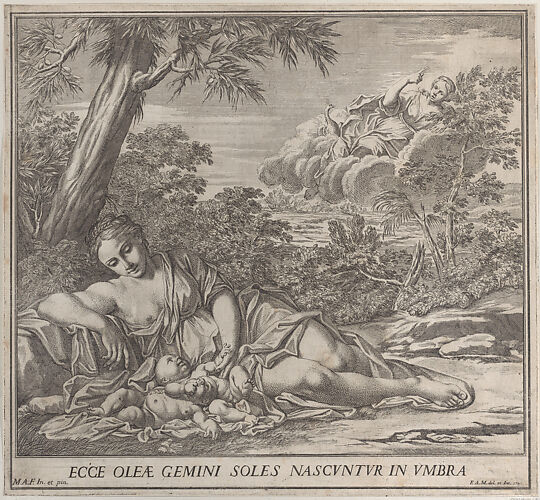 Latona and her sleeping twins, Apollo and Diana, within a landscape