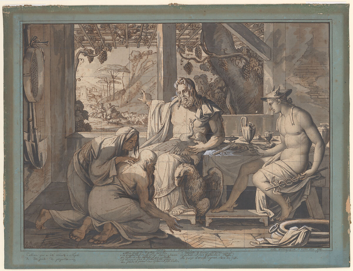 Jupiter and Mercury reveal themselves to Philemon and Baucis, Elie-Honoré Montagny  French, Pen and brown ink, brush and brown and gray washes, with touches of white gouache. Laid down. Squared in graphite.