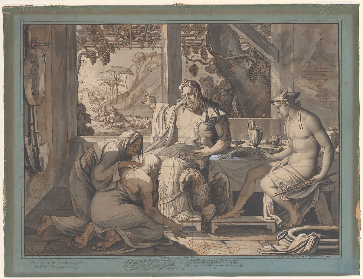 Jupiter and Mercury reveal themselves to Philemon and Baucis, Elie-Honoré Montagny (French, Paris 1782–1864 Paris), Pen and brown ink, brush and brown and gray washes, with touches of white gouache. Laid down. Squared in graphite. 