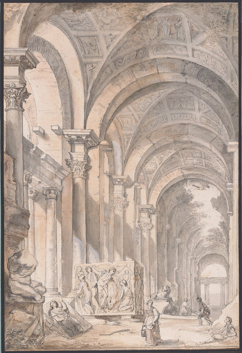 Architectural capriccio with Figures and Antiquities, Giovanni Paolo Panini (Italian, Piacenza 1691–1765 Rome), Black chalk, pen and black and gray ink, brush and gray and brown wash, with touches of watercolor and white gouache 