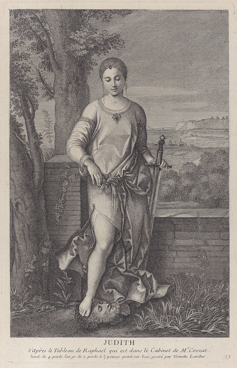 Judith standing with her foot on the head of Holofernes, Antoinette Larcher (French, born Paris, 1685), Etching and engraving 