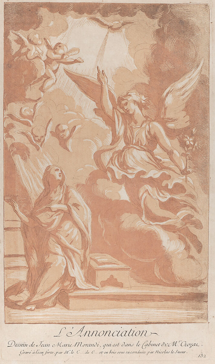 The Annunciation with the Virgin kneeling at left and Gabriel appearing at right, Anne Claude Philippe de Tubières, comte de Caylus (French, Paris 1692–1765 Paris), Etching and aquatint in brown/orange ink 