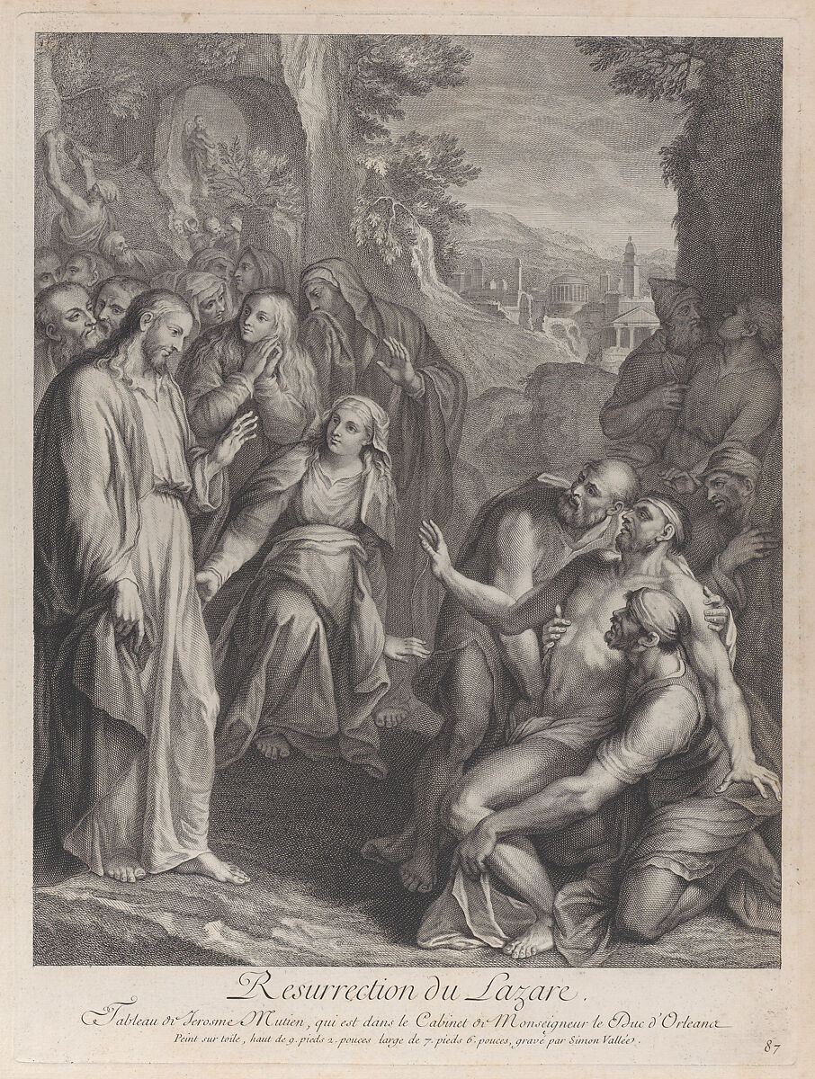 The Raising of Lazarus, with Christ standing at left, Simon de la Vallée (French, 1680–ca. 1730), Etching and engraving 