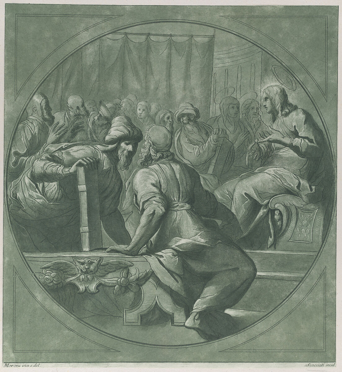 Christ confounding the doctors, Andrea Scacciati (Italian, 1725–1771), Etching and aquatint in green ink 