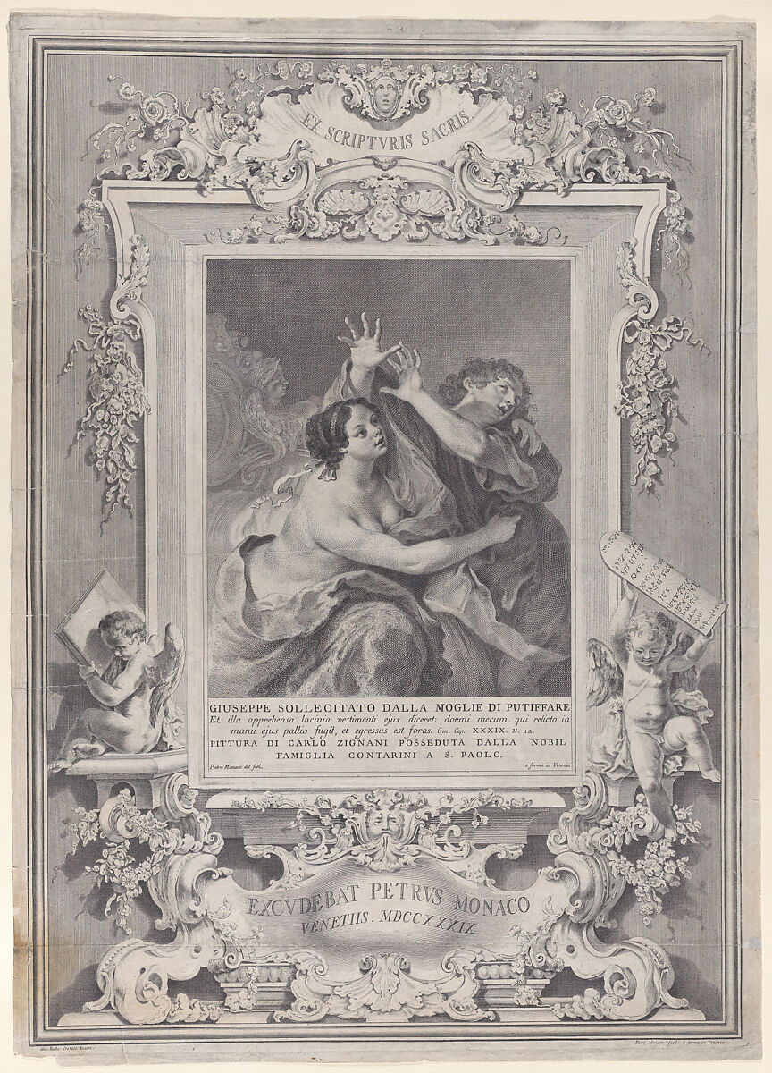 Joseph and Potiphar's wife, within an ornate frame, Pietro Monaco (Italian, Belluno 1707–1772 Venice), Etching and engraving 