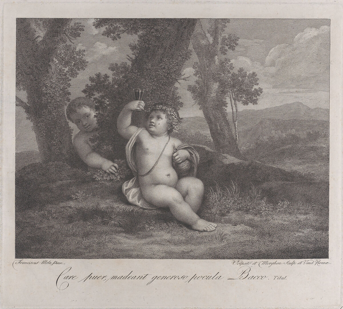 The infant Bacchus seated under a tree, holding up a wine glass, with another infant behind him at left, Raphael Morghen (Italian, Naples 1758–1833 Florence), Engraving 