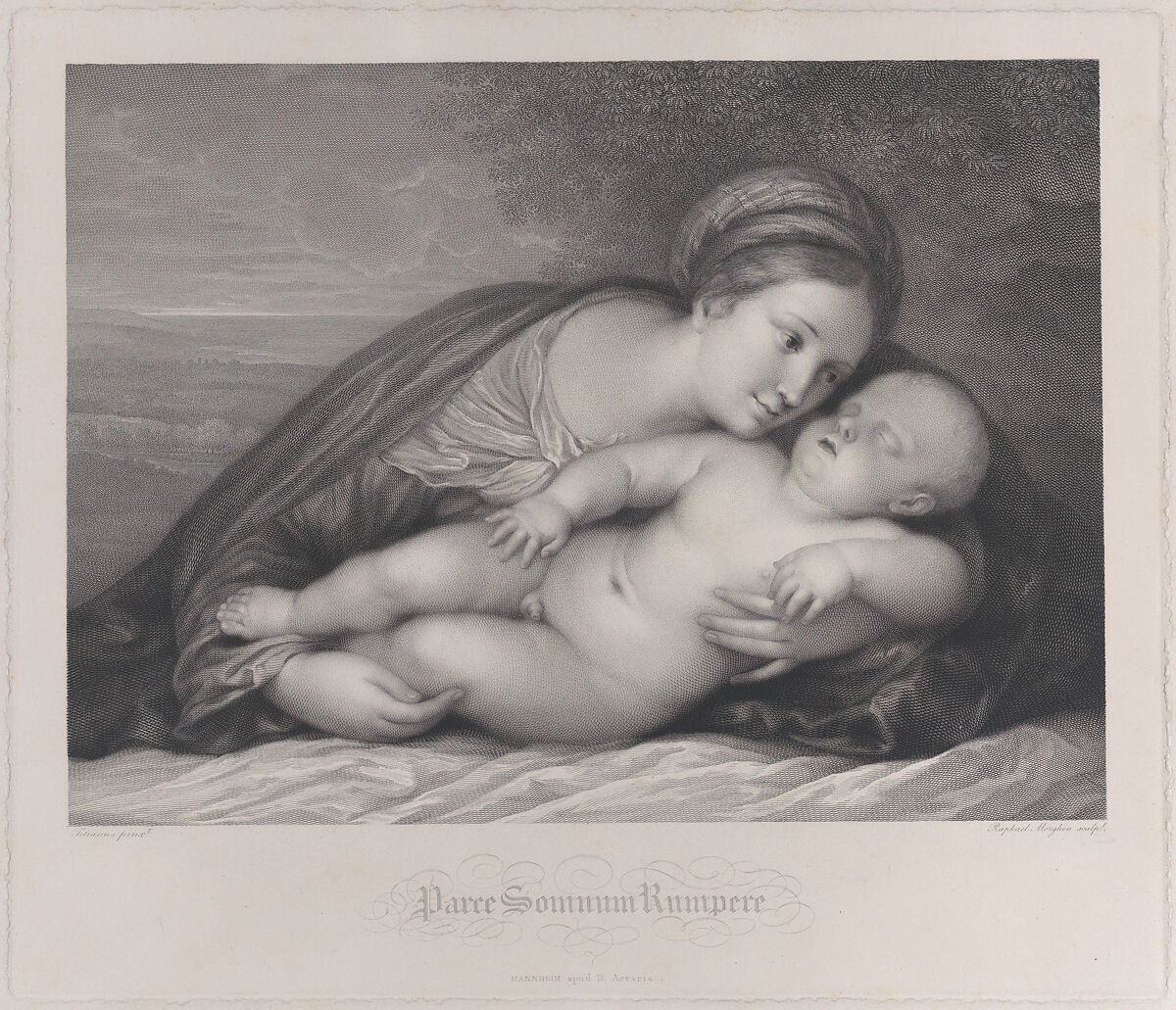 The Madonna embracing the sleeping Christ child, Raphael Morghen (Italian, Naples 1758–1833 Florence), Engraving; fifth state of six 