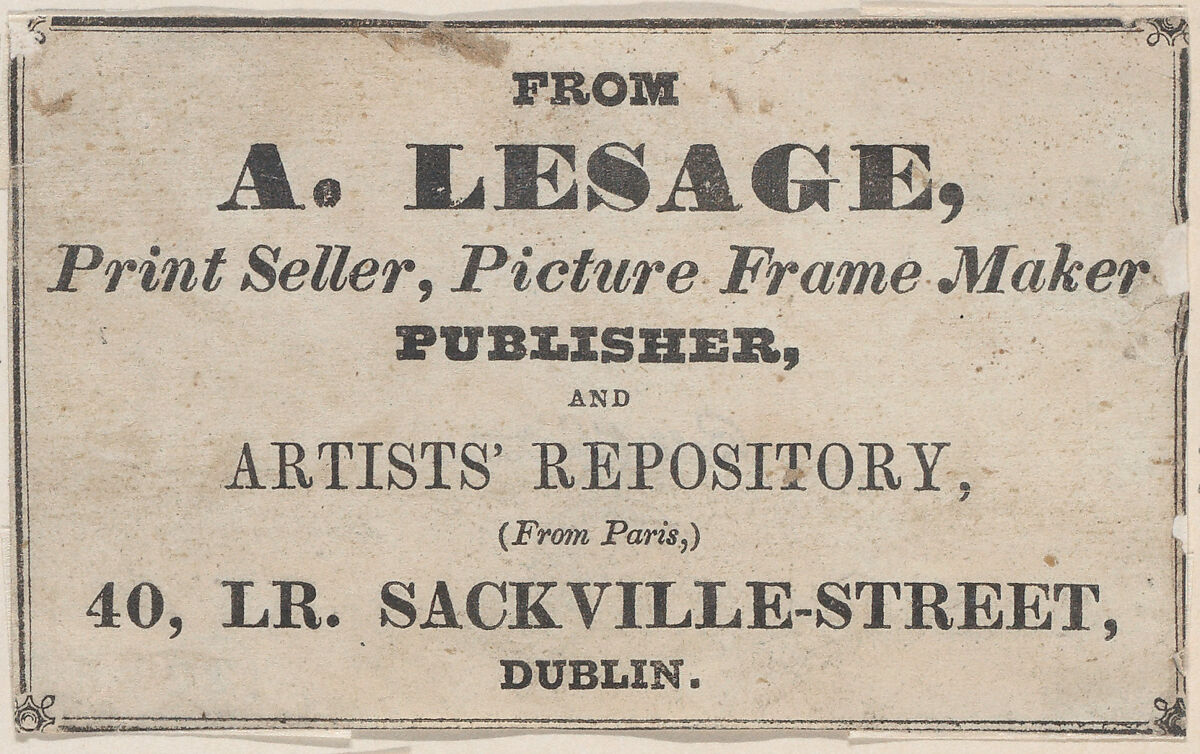 Trade Card for A. Lesage, Printseller, Framer, and Publisher, Anonymous, British, 19th century, Engraving 