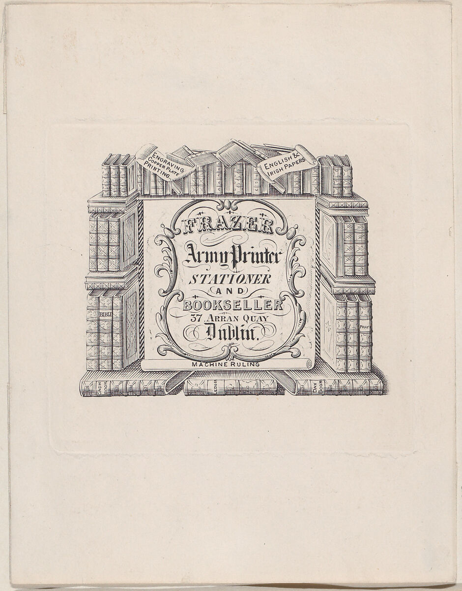 Trade Card for Frazer, Army Printer and Stationer, Anonymous, Irish, 19th century, Engraving 