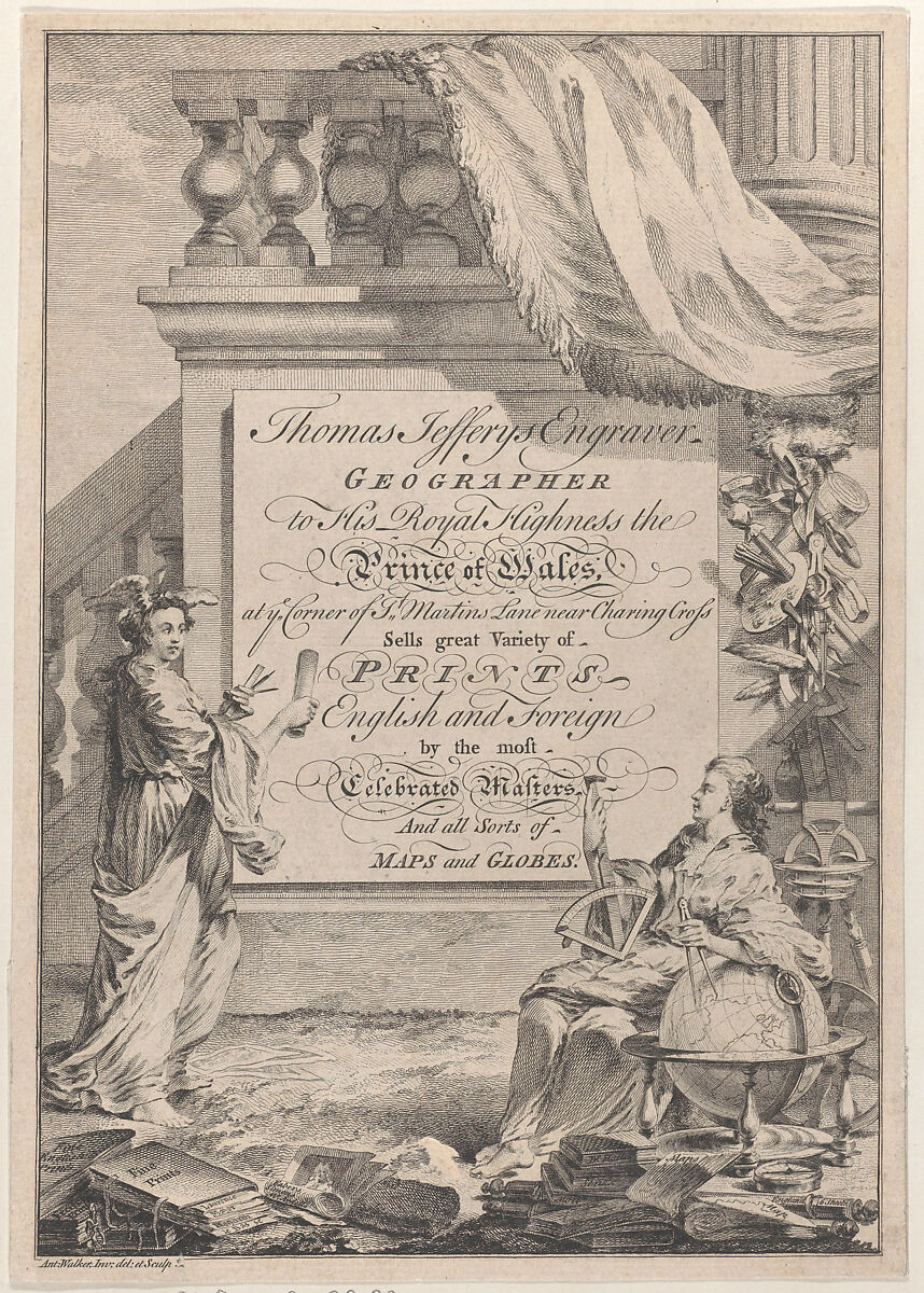 Trade Card for Thomas Jeffreys, Engraver, Geographer, and Printseller, Anthony Walker (British, Thirsk, Yorkshire, 1726–1765 London), Engraving 