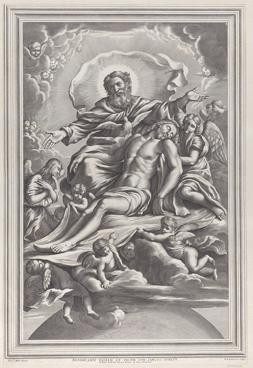 The Holy Trinity, with the dead Christ at center surrounded by angels, God the Father, and the Holy Spirit, F. de Louvement (French (?), active Rome, mid-17th century), Engraving 