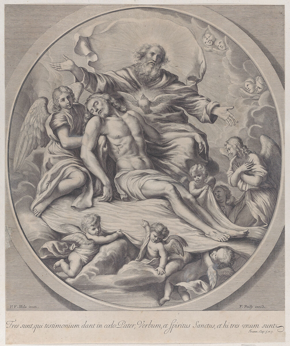 The Holy Trinity, with the dead Christ at center surrounded by angels, God the Father, and the Holy Spirit, Anonymous, Engraving 