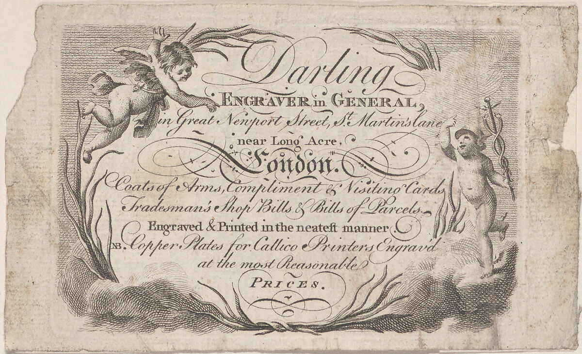 Trade Card for William Darling, Engraver, Anonymous, British, 18th century, Engraving 