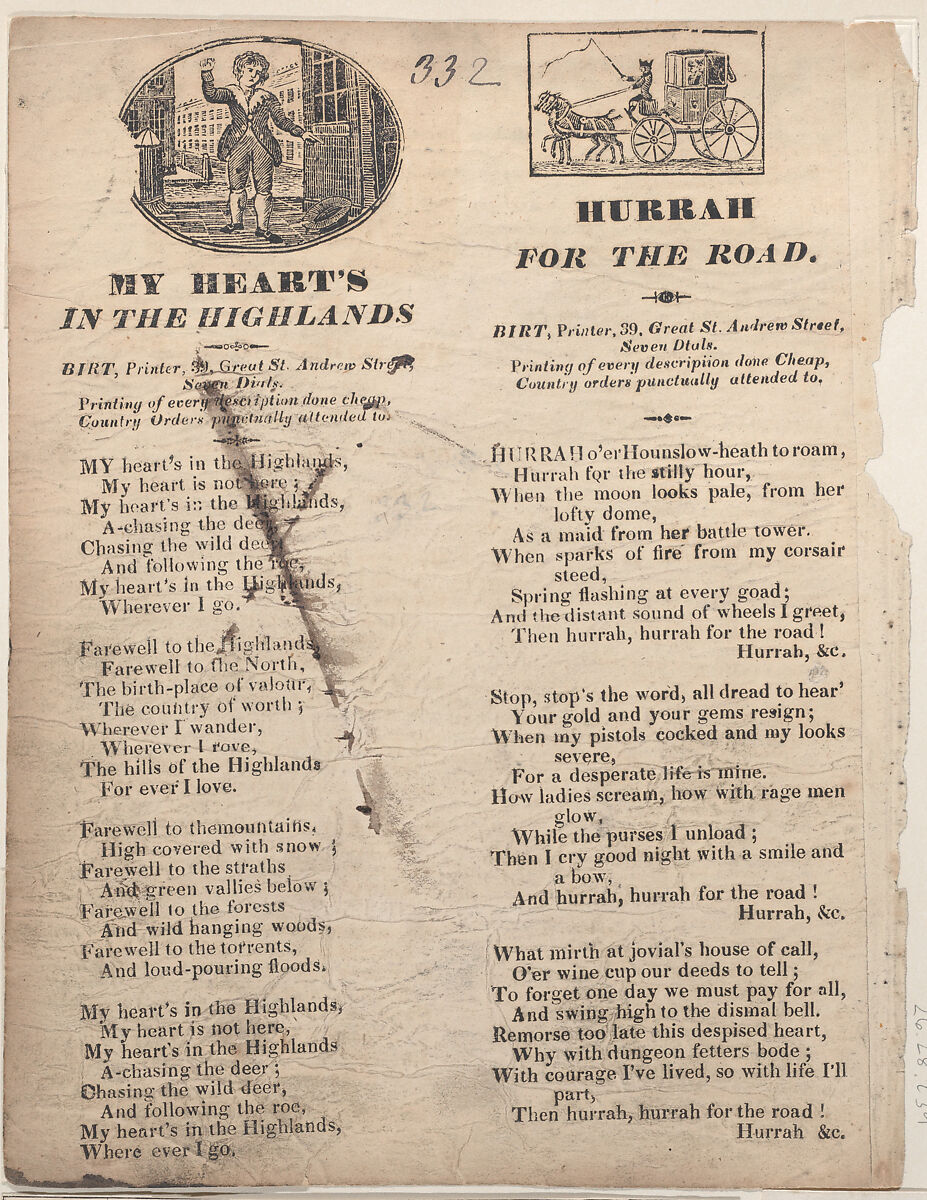 My Heart's in the Highlands (recto); Hurrah for the Road (verso), Anonymous, British, 19th century, Letterpress 