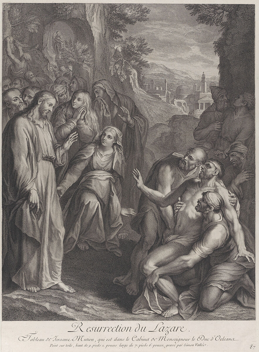 The Raising of Lazarus, with Christ standing at left, Simon de la Vallée (French, 1680–ca. 1730), Etching and engraving 