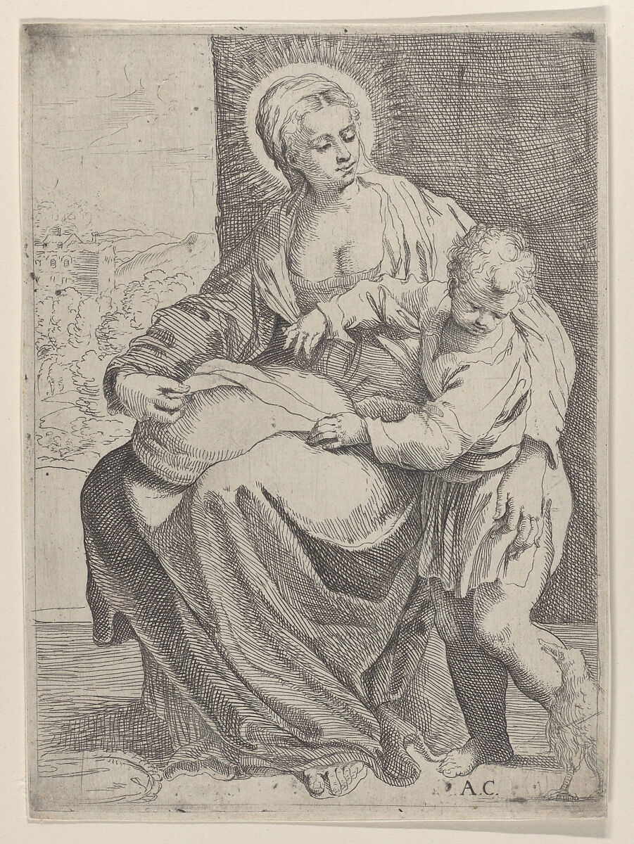 The Virgin seated holding a pillow on her lap with the young Christ standing at right, Annibale Carracci (Italian, Bologna 1560–1609 Rome), Etching 