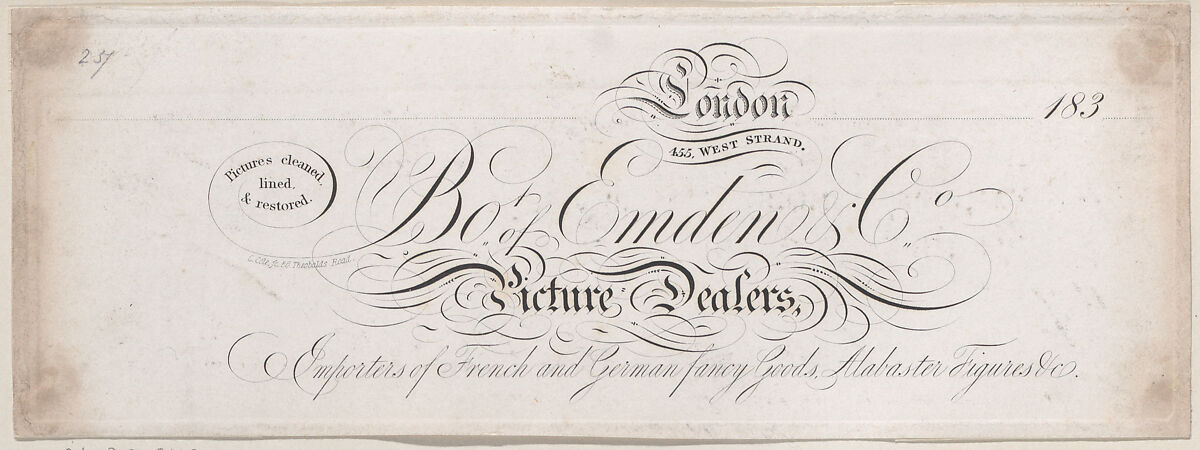 Trade Card for Emden & Co, Picture Dealer, C. Cole (British, 19th century), Engraving 