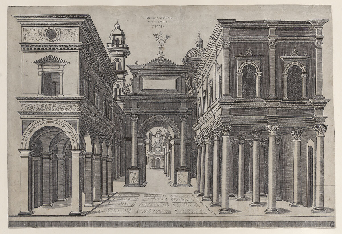 A street with various buildings, colonnades and an arch, Donato d&#39;Agnolo Bramante (Italian, 1444–1515), Engraving 