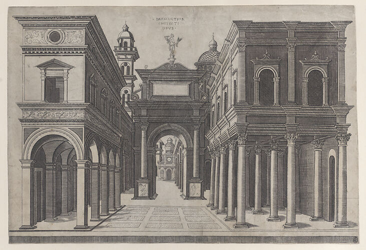 A street with various buildings, colonnades and an arch