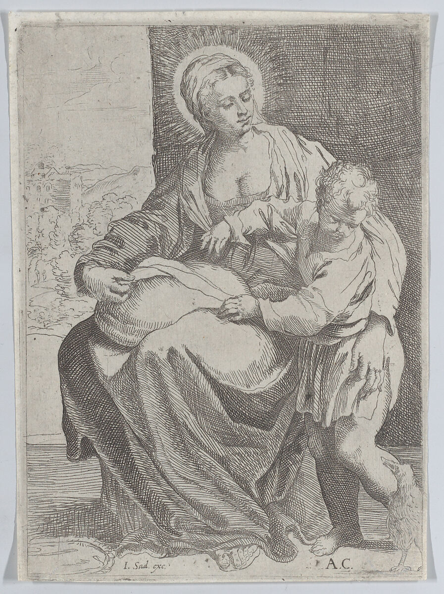 The Virgin seated holding a pillow on her lap with the young Christ standing at right, Annibale Carracci (Italian, Bologna 1560–1609 Rome), Etching 