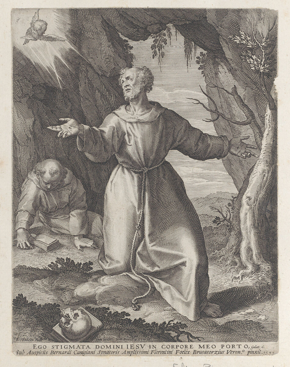 Saint Francis kneeling with his arms outstretched, looking towards a cherub at upper left, Raphael Sadeler I (Netherlandish, Antwerp 1560–1628 Venice (?)), Engraving 