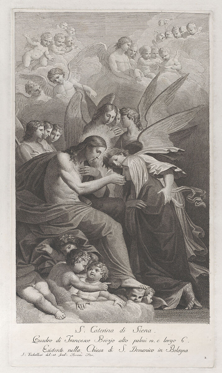 Christ giving the Sacred Host to the kneeling Saint Catherine of Siena, surrounded by various angels, Giuliano Traballesi (Italian, Florence 1727–1812 Milan), Etching 