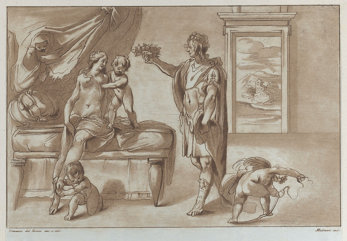 Mars offering a floral wreath to Venus, Stefano Mulinari (Italian, Florence ca. 1741–90), Etching and aquatint 