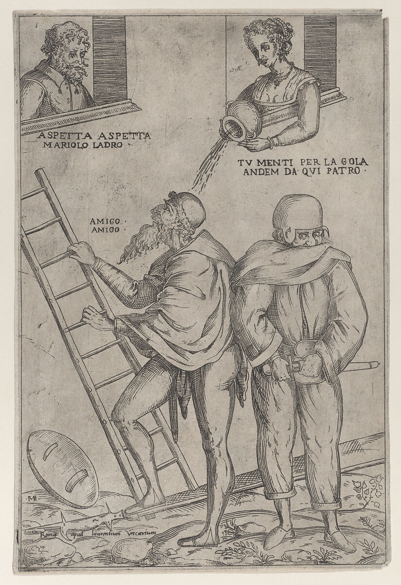 A man climbs a ladder while a woman throws water on him from above, Giovanni Ambrogio Brambilla (Italian, active Rome, 1575–99), Engraving 