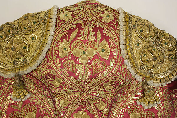 Toreador suit, (a–c) metallic thread; (d) fur; (e, f) leather; (g, h) cotton; (i, j) elastic; (k) rayon silk, Spanish