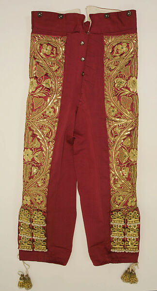 Toreador suit, (a–c) metallic thread; (d) fur; (e, f) leather; (g, h) cotton; (i, j) elastic; (k) rayon silk, Spanish