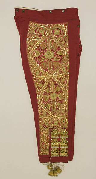 Toreador suit, (a–c) metallic thread; (d) fur; (e, f) leather; (g, h) cotton; (i, j) elastic; (k) rayon silk, Spanish