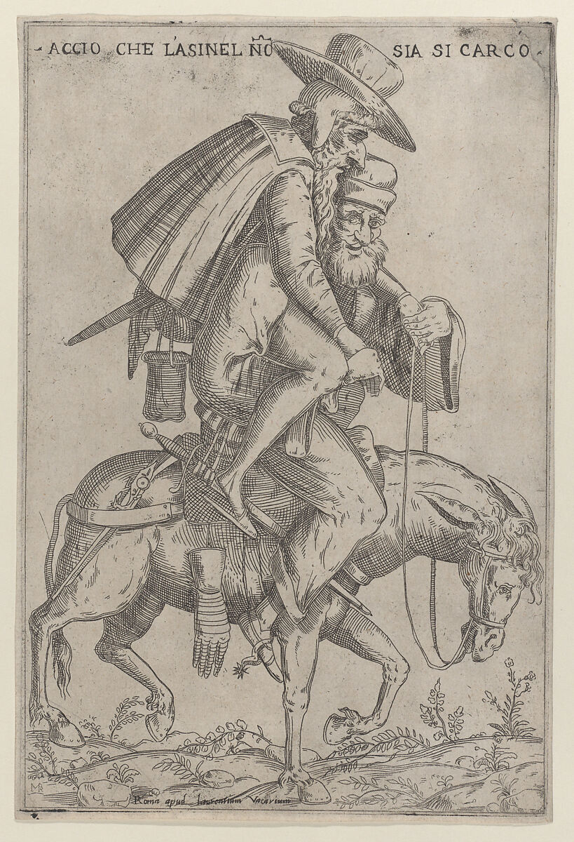 Caricature with two men on a mule, Giovanni Ambrogio Brambilla (Italian, active Rome, 1575–99), Engraving 