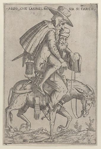 Caricature with two men on a mule