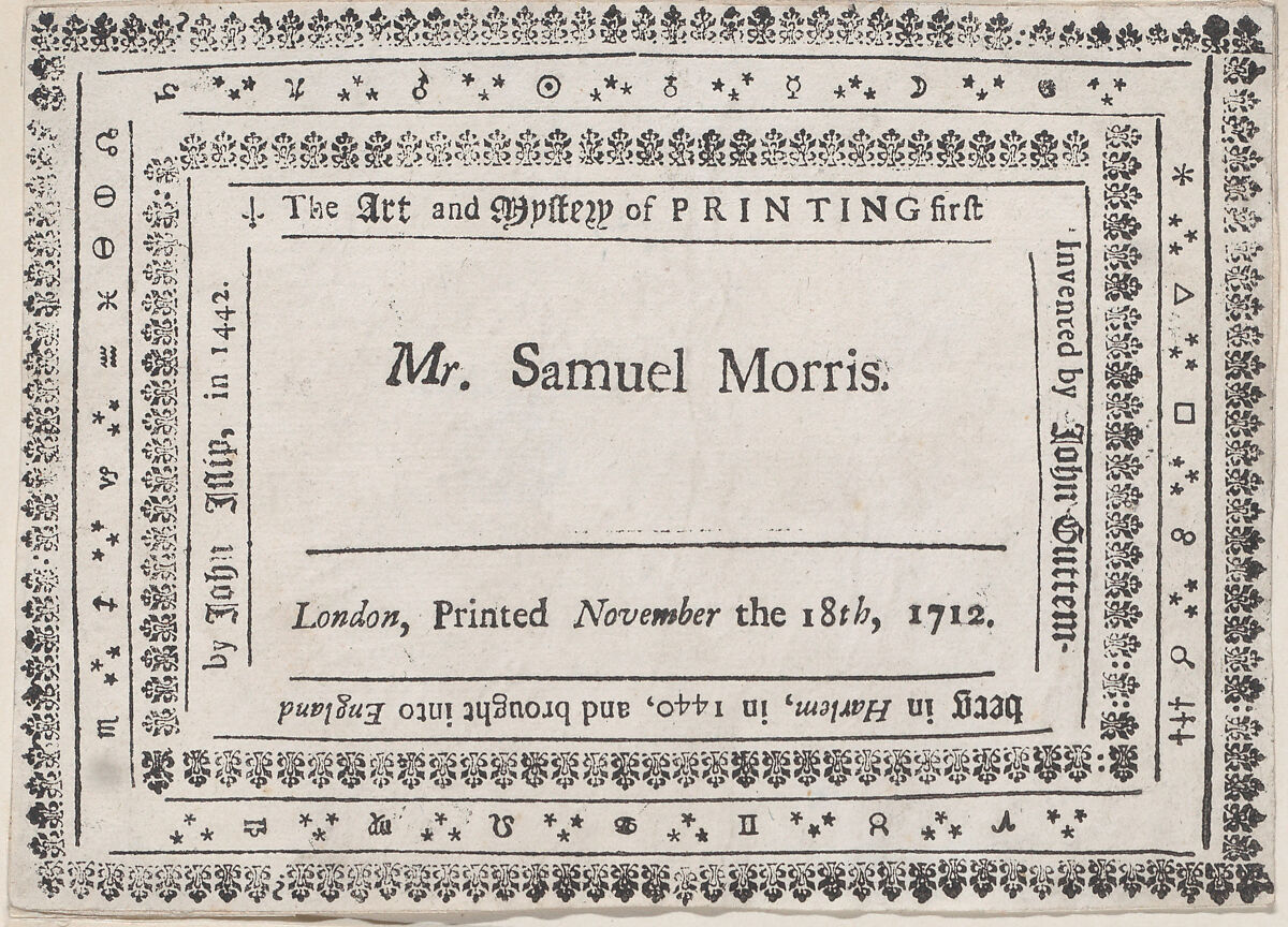 Trade Card for Mr. Samuel Morris, Anonymous, British, 18th century, Engraving 
