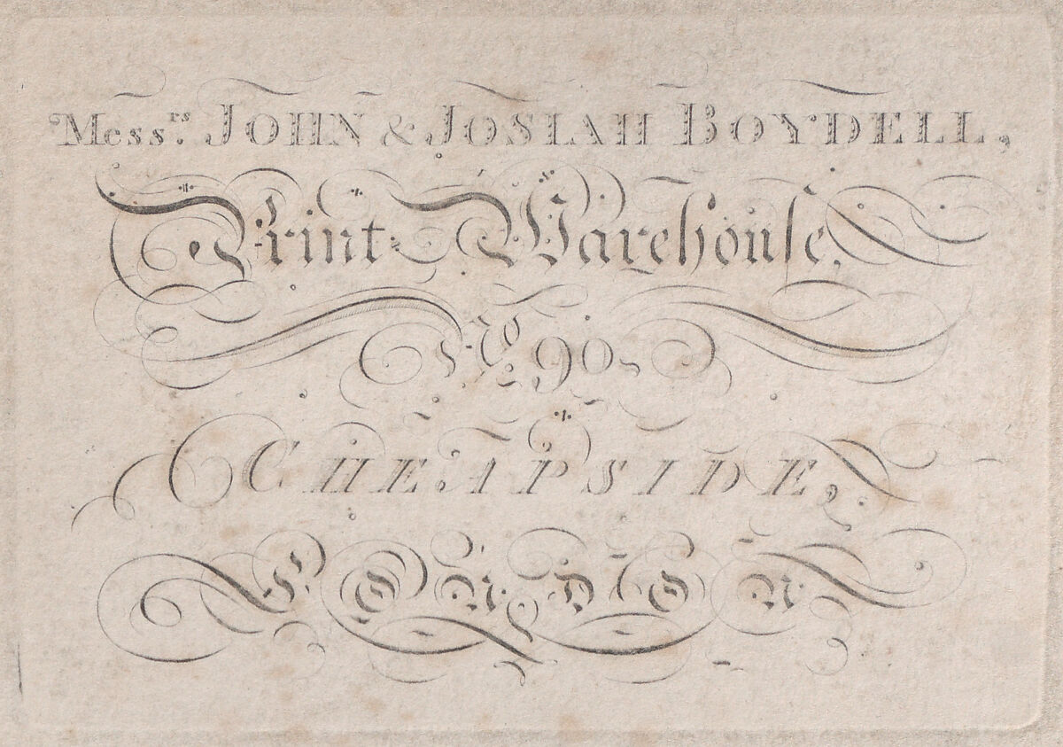 Trade Card for John & Josiah Boydell, Publishers, Anonymous, British, 18th century, Engraving 